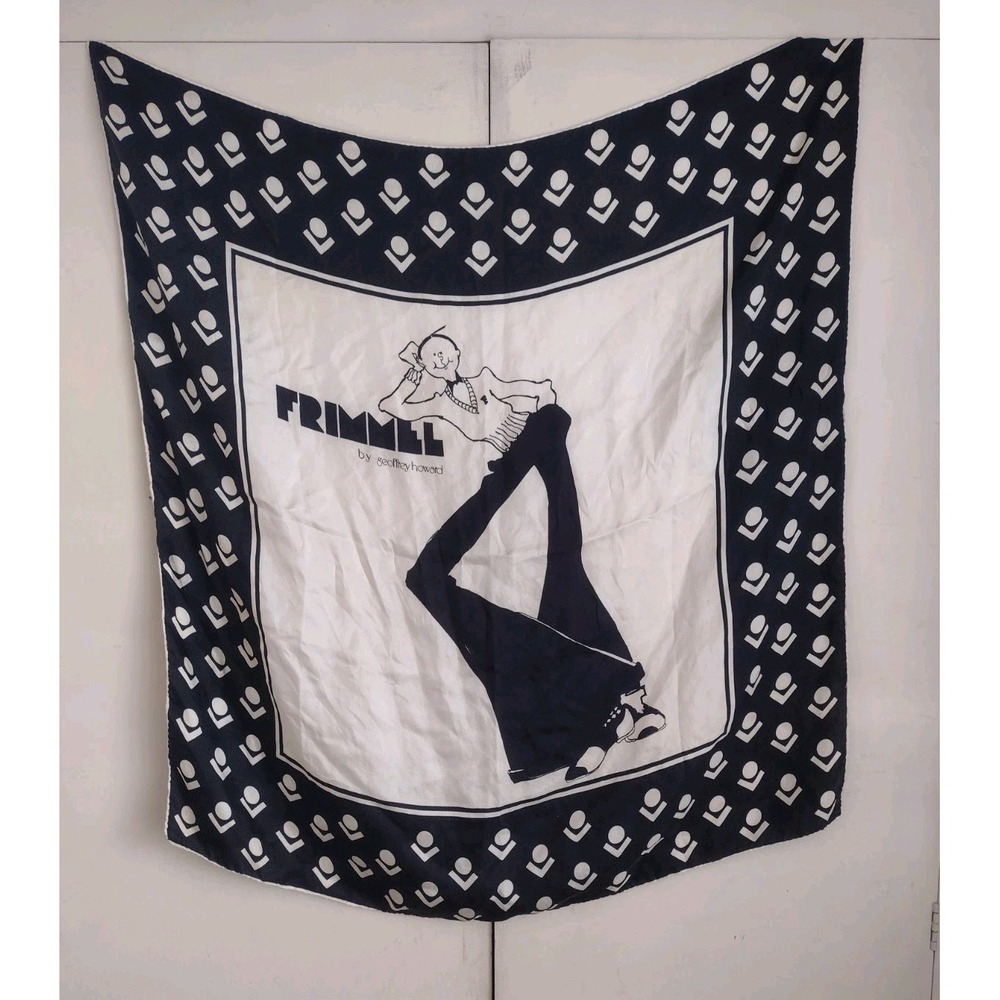 Vtg 70s Geoffrey Howard FRIMMEL Silk Scarf Art Deco Comic Print Black White